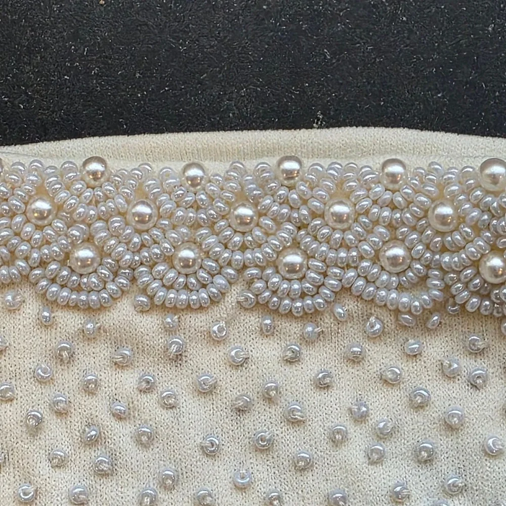 Lady Elaine Vintage Beaded Gloves OS Ivory Faux Pearl Stretch Nylon, New, READ